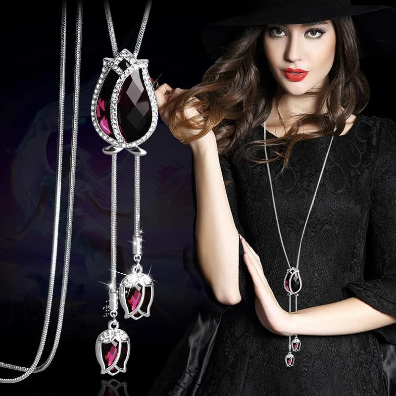 Pendentif Colliers Classique Cristal Tulipe Fleur Long Collier Simple Mode Chandail Robe AccessoiresPendentif