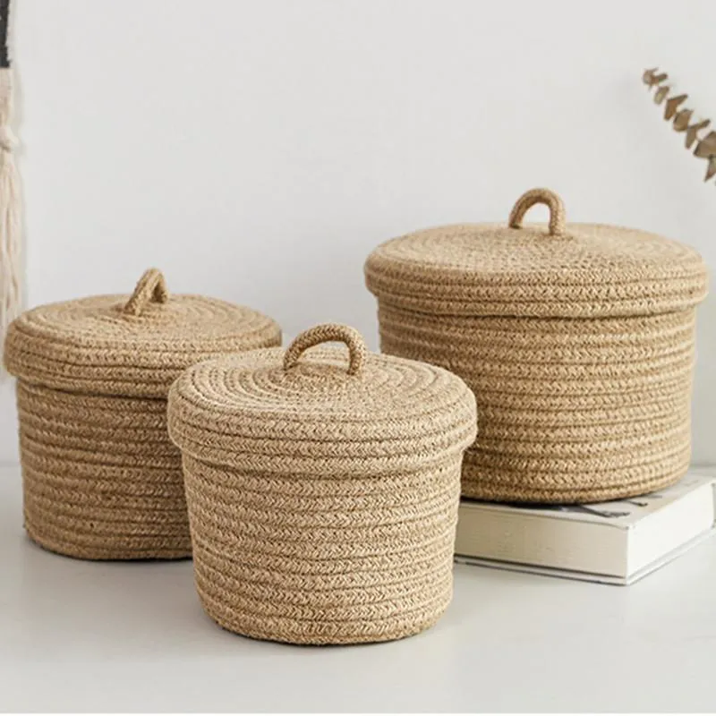 Organization Cosmetics Storage Box Jute Woven Basket Tabletop Key Remote Control Container Snack Case With Cover Organizer ECO Friendly