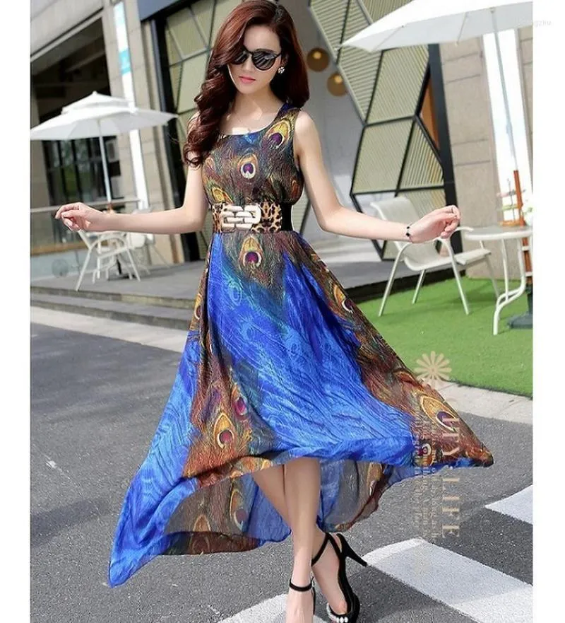 Casual Dresses Women Chiffon Beach Summer Bohemian Female Seleveless Peacock Printing Long Dress SW0323