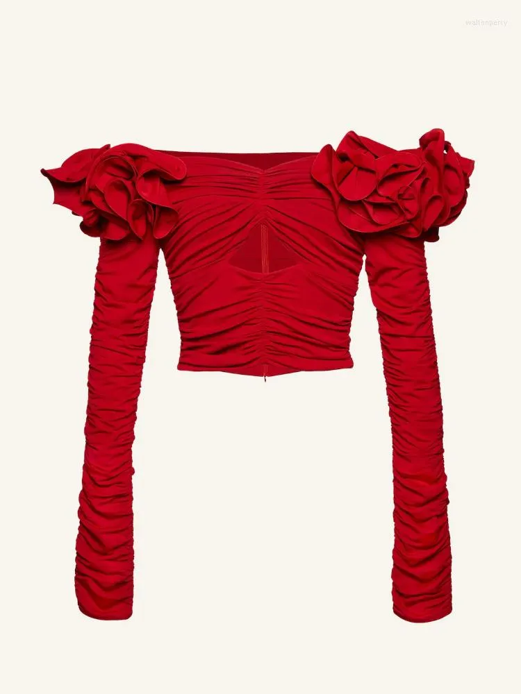 Damen-T-Shirts in Rose Fold Shoulder Slim Top Female Design Hollow Long Sleeve Off-the-Shoulder T-Shirt 2023