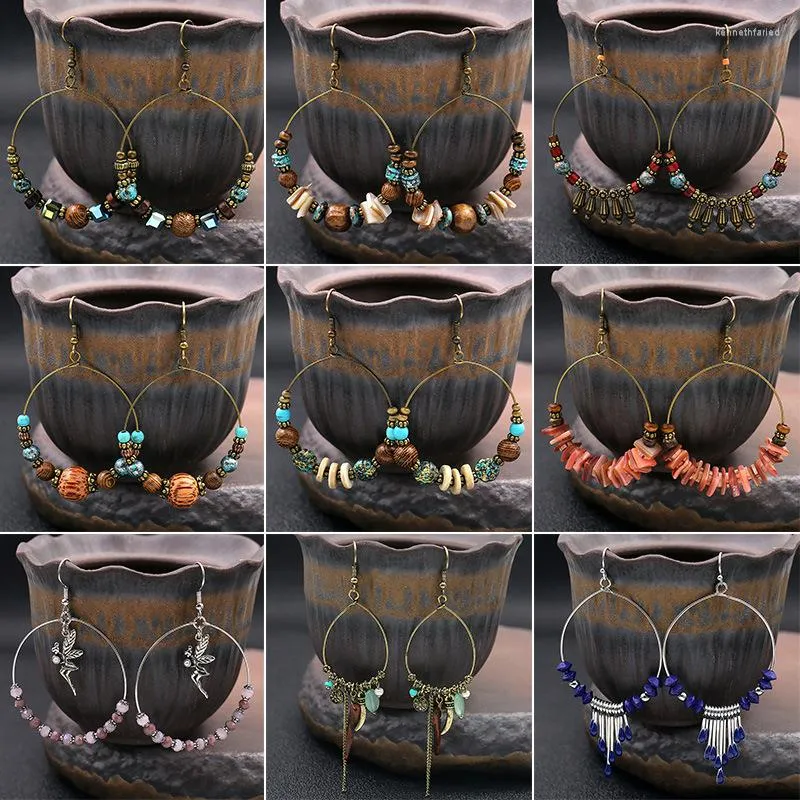 Orecchini pendenti vintage bohémien grande cerchio per donne etniche perline in legno naturale goccia gioielli per vacanze femminili