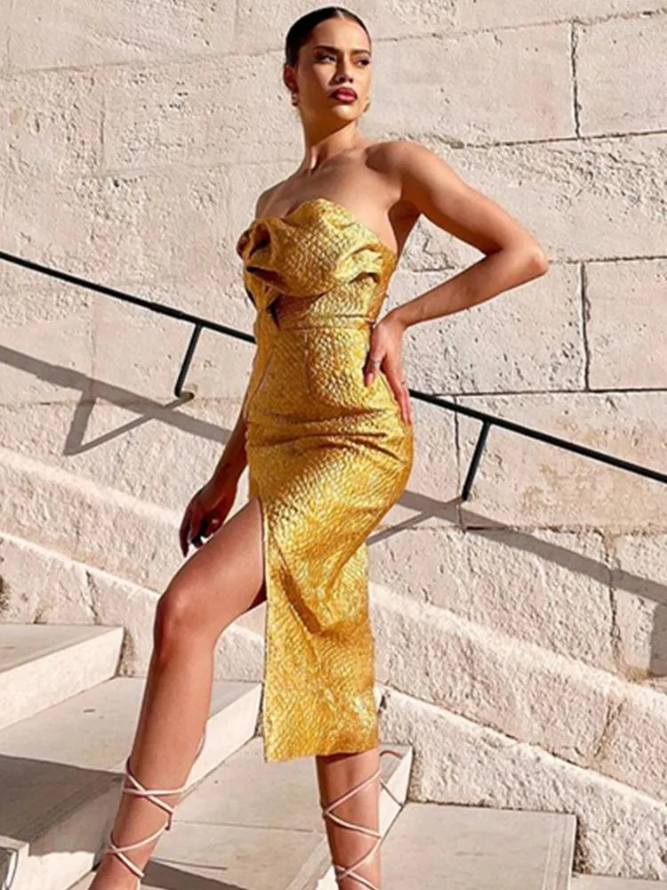 Women s Gold Luxury Party Tube Dress Strapless Short Front Long Back Club Celebrity 2024 Style