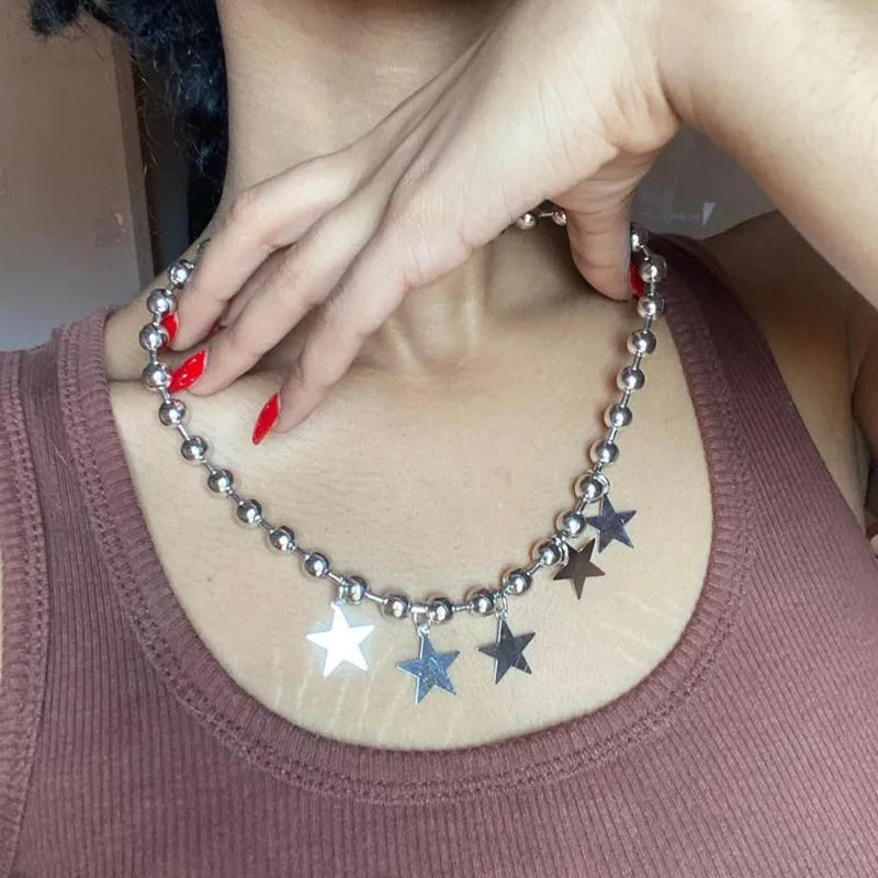 Choker Grunge Punk Style Stainless Steel Five-pointed Star Charms Bead Chain Necklace For Women 90S Harajuku Y2K Gothic