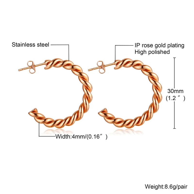 Kvinnors enkla stil Cörhängen Rostfritt stål Twist Rope Wire Hoop örhängen för gåvor 4*30mm N279