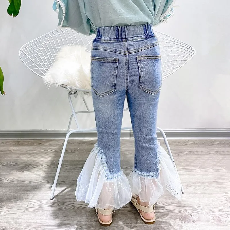 Jeans Girls Mesh Patchwork Beaded Denim Pants 2023 Spring Fashion Boot Cut  Pant Children Cowboy Trousers Kids Clothes Ws1474 From Henryk, $18.97