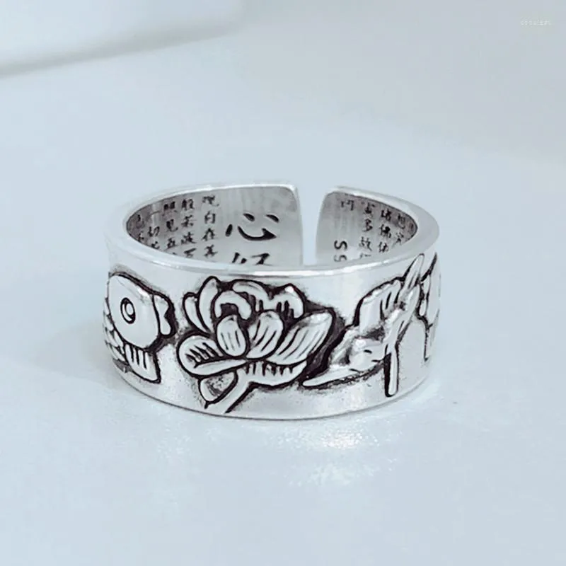 Cluster Ringe Silber 925 Schmuck Lotus Fisch Herz Ring Vintage Sterling Offen für Frauen Nationale elegante Accessoires