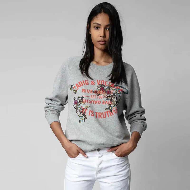 Zadig Voltaire 23SS Designer moletom moda nova letra clássica impressão pesada bordado de flores feminino de pescoço redondo suéter de jumper jumper