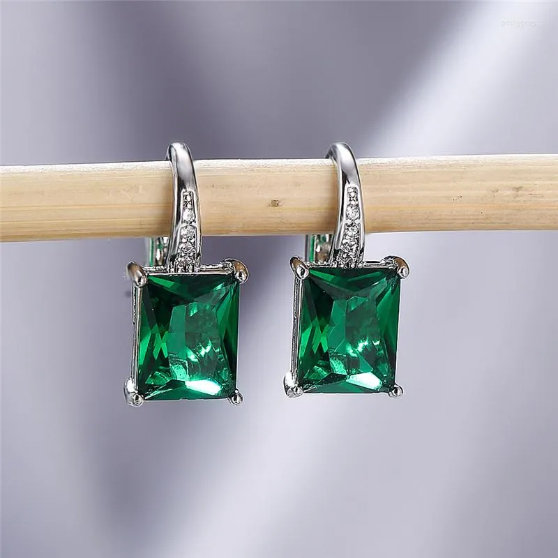 Boucles d'oreilles créoles luxe grand Rectangle pierre pour femmes couleur argent vert rouge violet bleu Zircon mariage boucle d'oreille maman bijoux