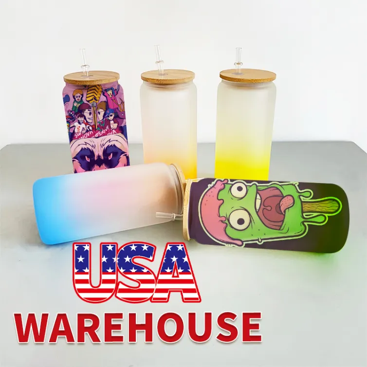 US CA STOCK Sublimation Wine Glasses Beer Mugs with Bamboo Lids And Straw DIY Blanks Frosted Clear Mason Jar Tumblers Cocktail Iced Coffee Soda Whiskey Cups