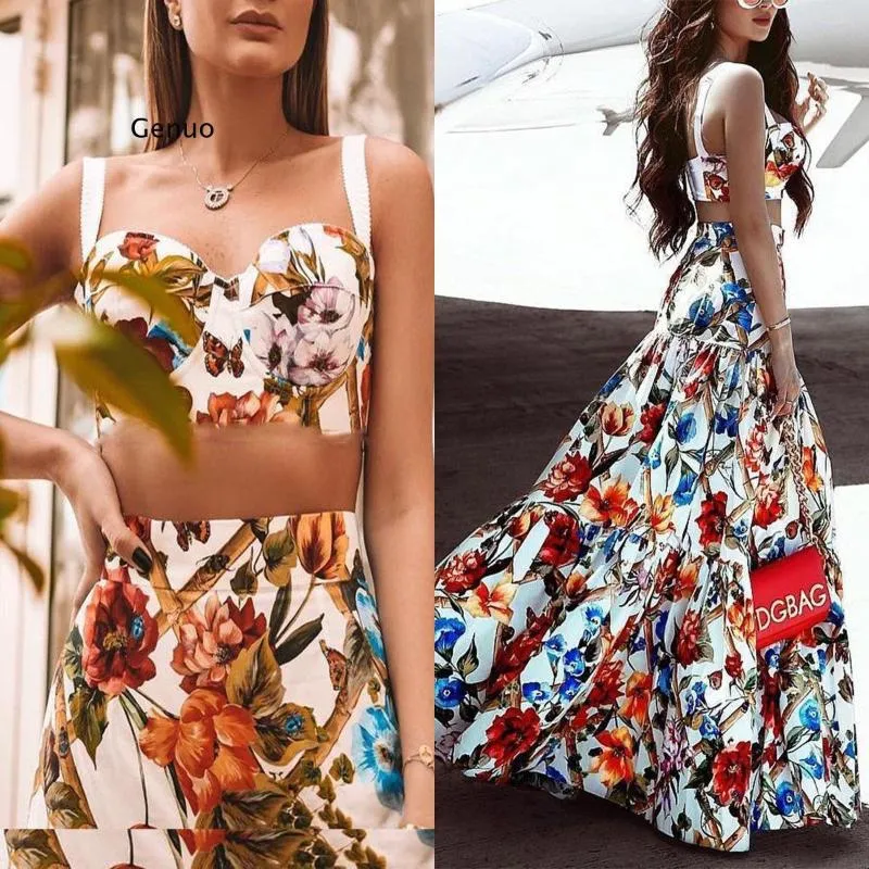 Vestidos de trabalho Mulheres elegantes tampos de embrulho sem mangas sexy e saia longa de duas peças definido para o verão, estampado flora