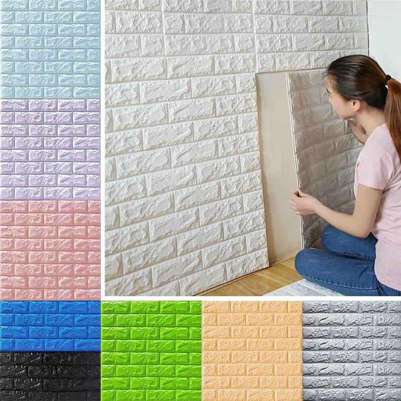 Wall Stickers 12pcs 3D Panel Brick Self-Adhesive Wallpaper Bedroom Room Decor Waterproof Kids TV Backdrop Decoration