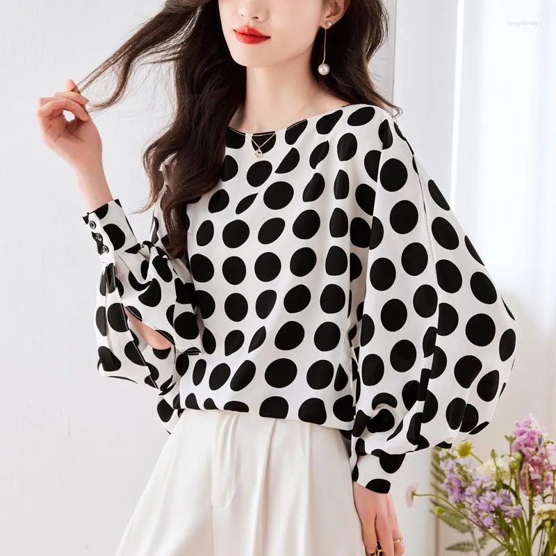 Black and white polka dot chiffon blouse sales