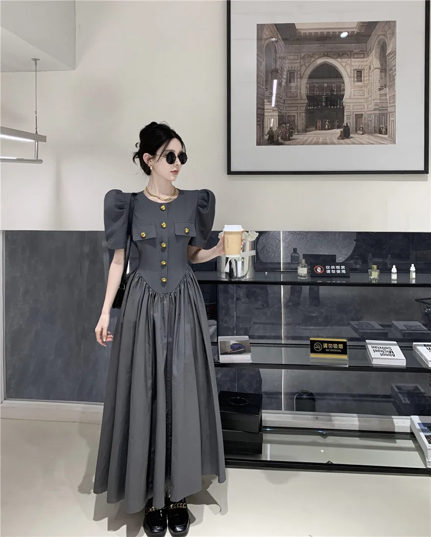 Women Color Block Casual Dresses O-neck Puff Short Sleeve High Waist Retro Ball Gown Vestidos SML