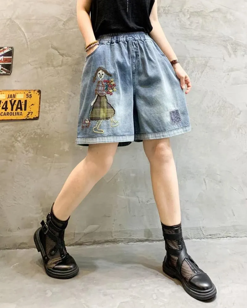 Women's Shorts 2023Women Denim Summer Office Lady Style Cartoon Embroidery Washed Bleached Patchwork Female Tide Jeans
