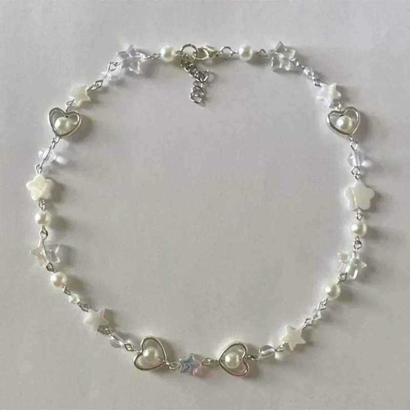 Pearl Heart and Stars Fairy Core Beaded Necklace
