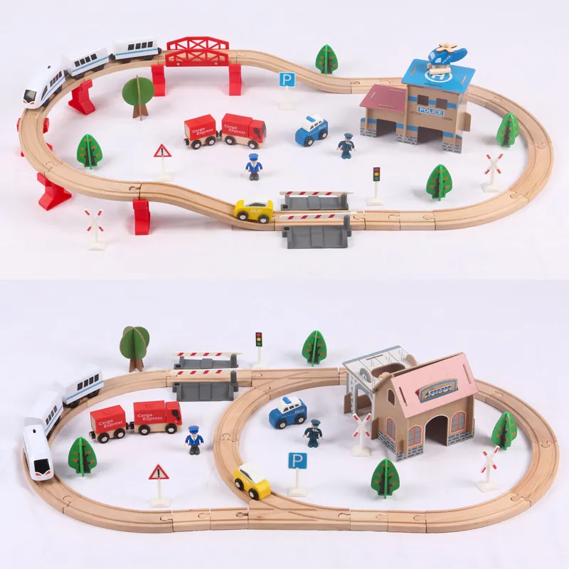 Wooden Track Train Set 88 PCS Car Wooden Railway Car Educational Puzzle Toys Compatible Brand Wooden Track Toys for Boy Gifts Helicopter Police Station