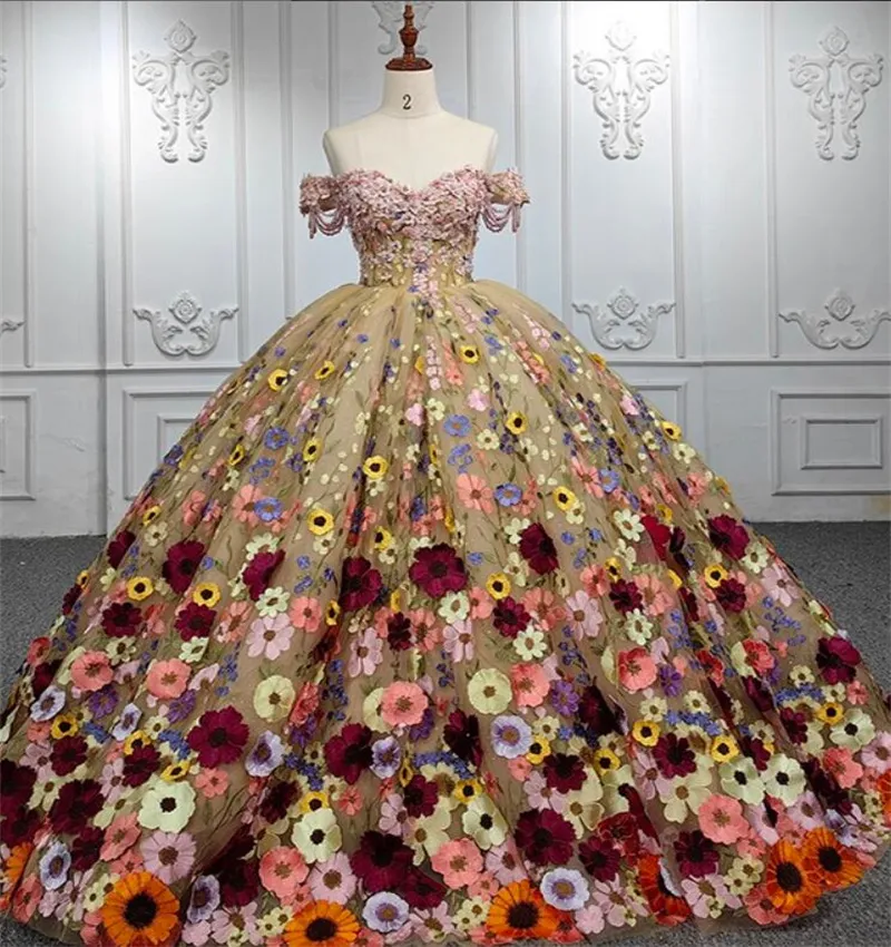 Luksusowy kolor Floral Quinceanera Sukienki 2023 Off Rameer Ball Sukni