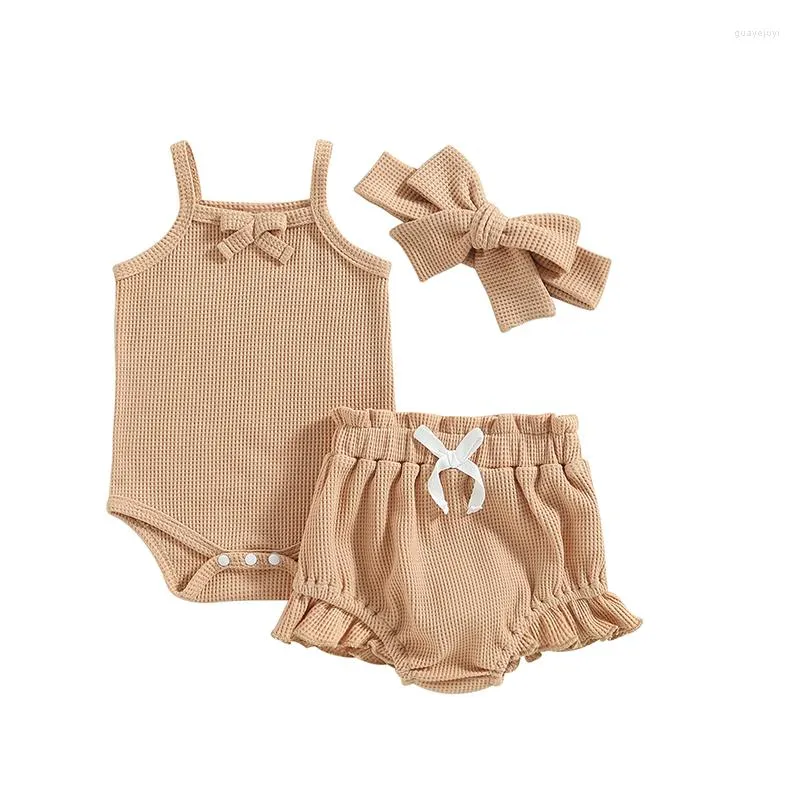 Conjuntos de ropa para bebés y niñas, 3 uds., conjuntos de verano, sin mangas, de punto tipo gofre, mono, pantalones cortos, conjunto de diadema