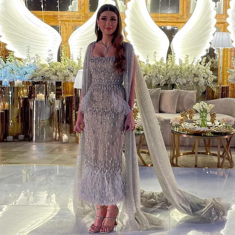 Party Dresses Sharon Said Bling Gray Mermaid Arabic Evening Dress with Cape Luxury Feather Dubai Formal Dresses for Women Wedding Party SS279 230512
