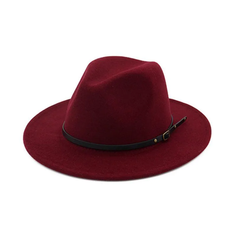 Gierige rand hoeden dames klassieke platte brede faux vilt floppy fedora jazz cap met gesp gordel