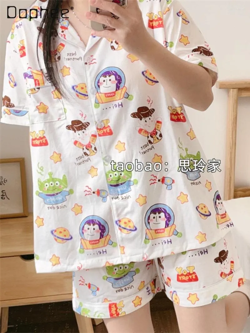 Survêtements pour femmes Pyjamas à manches courtes Shorts Set Femme 2023 Summer Comfort Thin Cotton Cute Cartoon Homewear 2 Piece Sets Womens Outfits