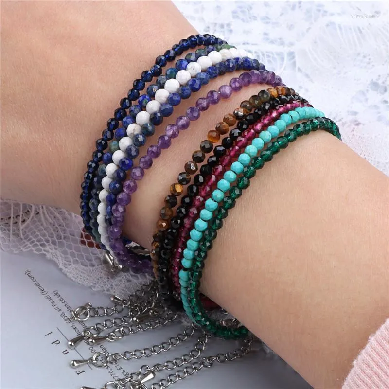 Strand Natural 3mm Stone Beads Bracelet Small Round Faceted Lapis Tiger Eye Couple Bracelets Jewelry For Women Girls Lady Gift