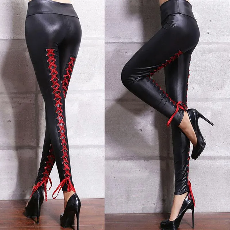 Damen Leggings Herbst Frauen Leggins Lace Up Moto Biker Weibliche Kunstleder Sexy Hohe Taille Elastische Bandage Stretch