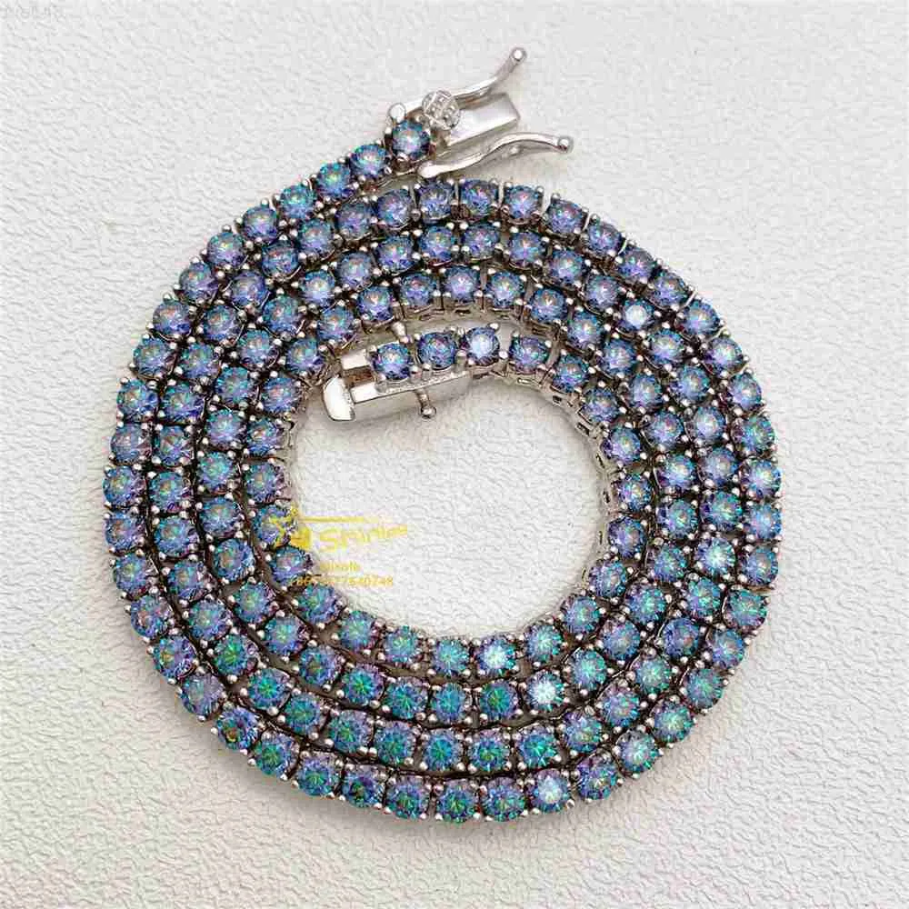 Verkoop 925 zilveren sieraden aangepaste ketting 3 mm breedte kleurrijke blauwe moissaniet tennisketen