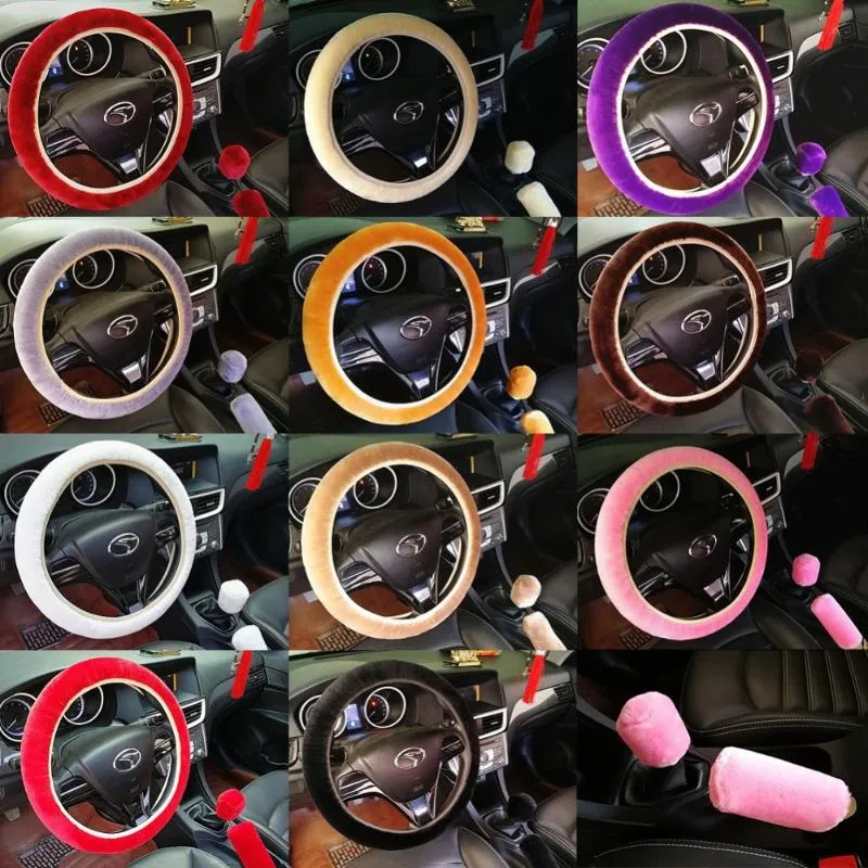 Steering Wheel Covers 3Pcs/Set Car Universal Fixed Plush High Quality Soft Cover Handbrake Accessory Automotive Interior CaseSteering