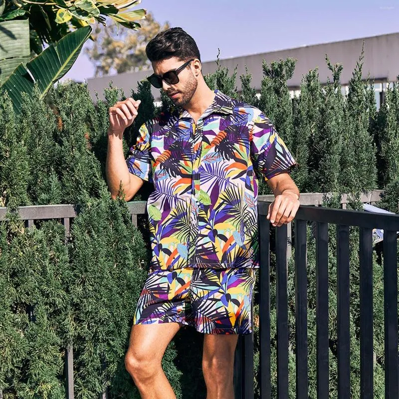 Mens Hawaiian Tree Print Tracksuit Set With Hawaiian Board Shorts