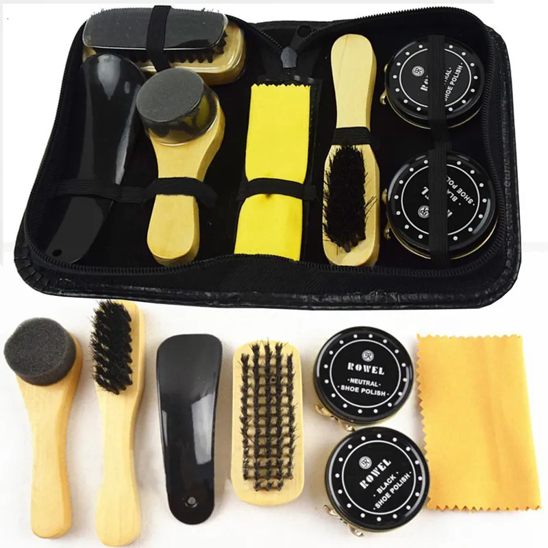 HQ 7 in 1 Travel Case Black & Neutral Shoe Shine Polish Brushes Cleaning Set Kit