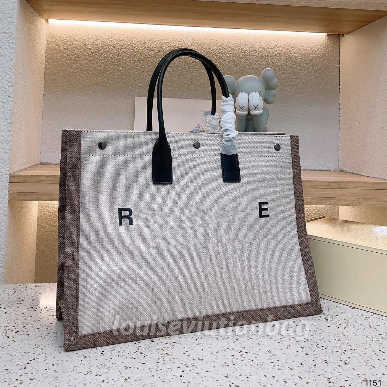 Designer Tote Bag RIVE GAUCHE Linen And Leather Shopping Bag Straw