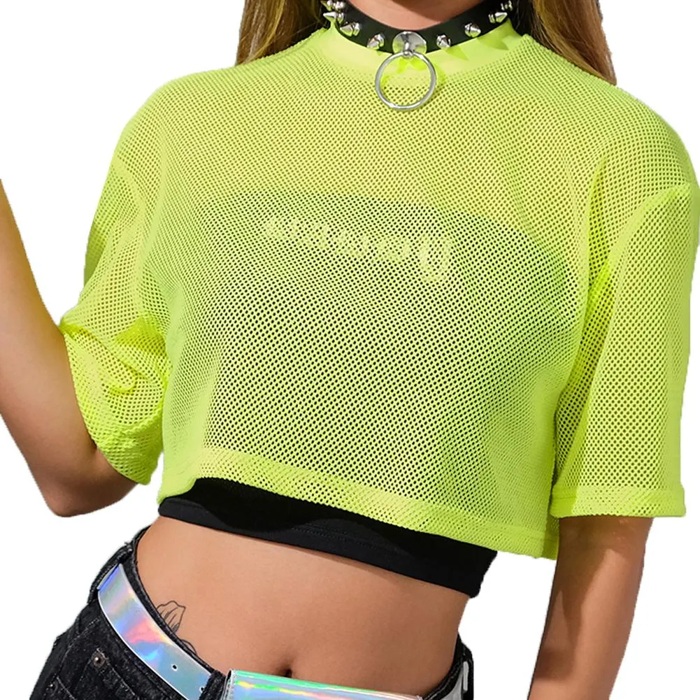 T-shirt hirigin mode kvinnor ren mesh skörd toppar neon grön seethrough kort ärm avslappnad t-shirt punk gotisk sexig fest klubbkläder