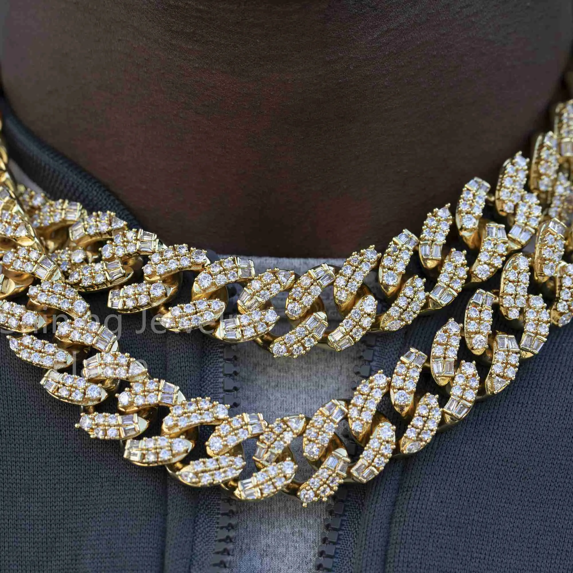 Bling szmaragd cut bagiete moissanite Diamond Hip Hop Cuban Link Srebrny naszyjnik biżuteria Miami Cuban Chain