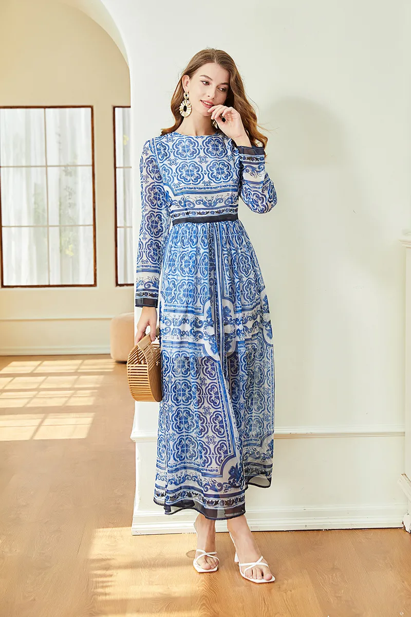 Vintage Blue and White Porcelain maxi dress with Chiffon - Runway Fashion for Women