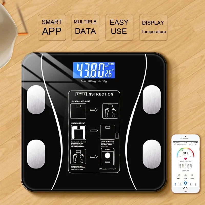 مقياس الدهون الدهون في الجسم محلل تكوين الجسم الرقمي الدهون اللاسلكي الذكي مع تطبيق الهاتف الذكي المتوافق مع Bluetooth
