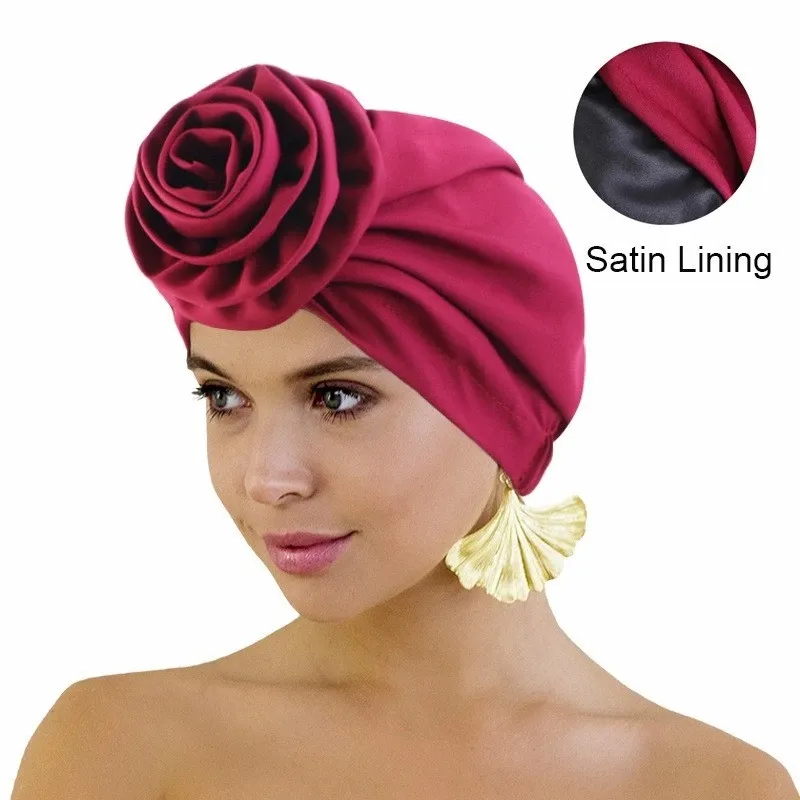 Satin Lined Flower Turban Caps for Women Muslim Headwear Hair Loss Hat Islamic Headscarf Bonnet Female Head Wraps Chemo Cap