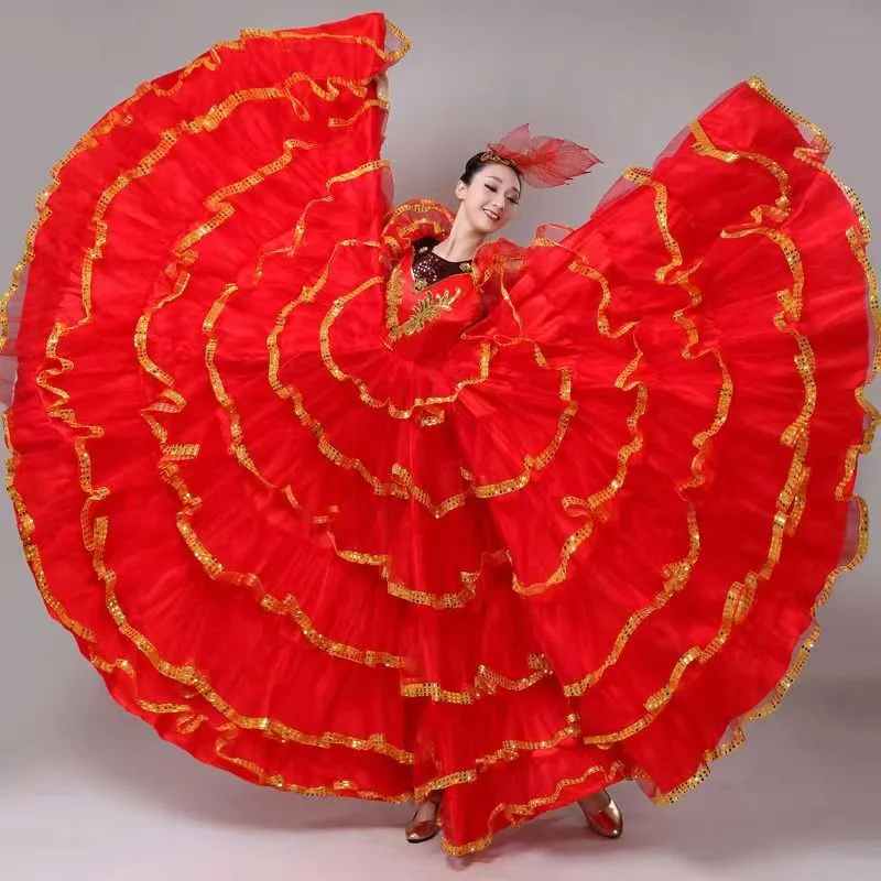스페인어 황소 댄스 오프닝 댄스 빅 스윙 스커트 공연 의상 여성 분위기 롱 드레스 동반 댄스 의상 빅 레드 무대 의상
