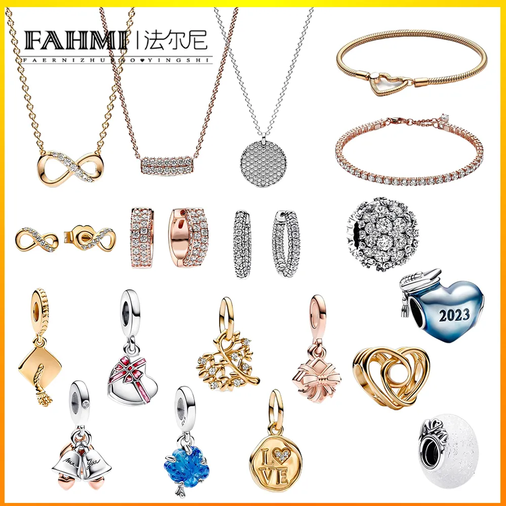 Fahmi 2023 Festa della mamma S925 Argento sterling Scintillante a forma di cuore AMORE Campana Regalo Fascino Infinito Orecchini Collana rotonda