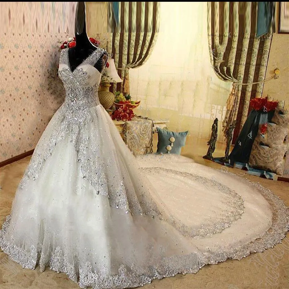 Real Gorgeous Luxurious Appliques Wedding Dresses A-Line Crystal Cathedral Train Beaded Lace Bridal Dresses Wedding Gown2791