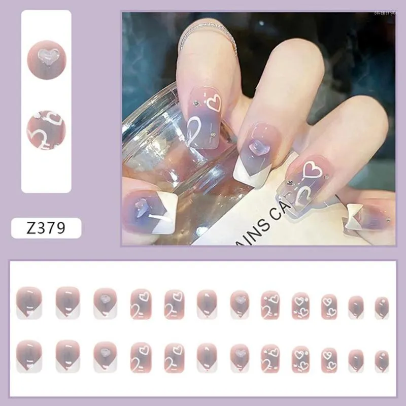 Faux ongles 24 pièces brillant bleu clair 3D coeur impression faux pour femmes filles Style français couverture complète ongle autocollant SAL99