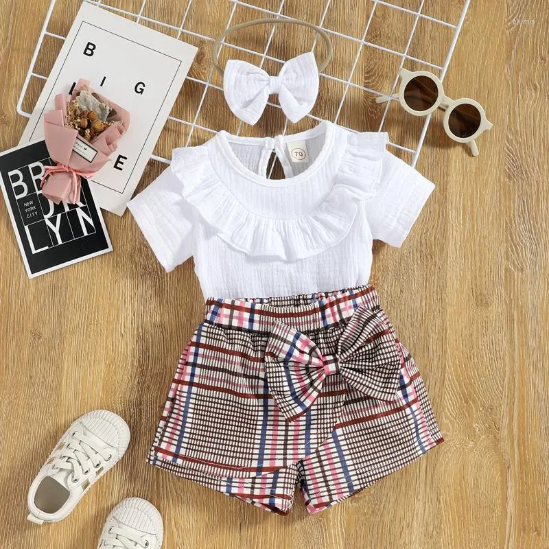 Kleidungssets 2023 Geborenes Mädchen Outfits Kurzarm Einfarbig Rüschen Tops Bowknot Plaid Hosen Dekoratives Haarband