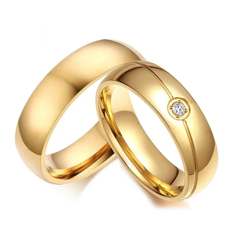 結婚指輪シンプルな金色のステンレス鋼カップルcz石