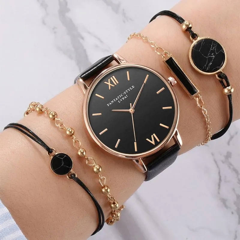 Wristwatches 5pcs Set Top Style Fashion Women's Luxury Leather Band Analog Quartz WristWatch Ladies Watch Women Dress Black Cloc