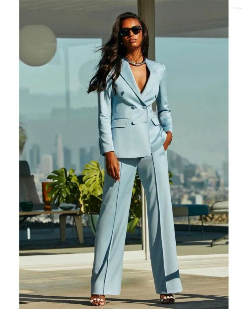 Women's Light Blue Two-Piece Suit - Double-Breasted Blazer and Wide-Leg  Trousers Set for Office Wear