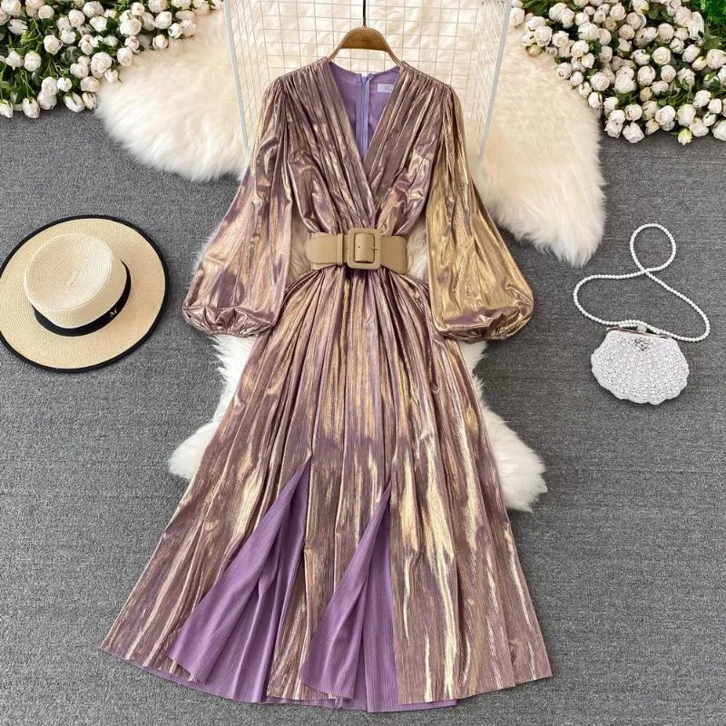 Robes décontractées Vintage ceinture taille haute fermeture éclair robe femme plissé col en V manches longues bouffantes élégant côté fente Midi femmes goutte