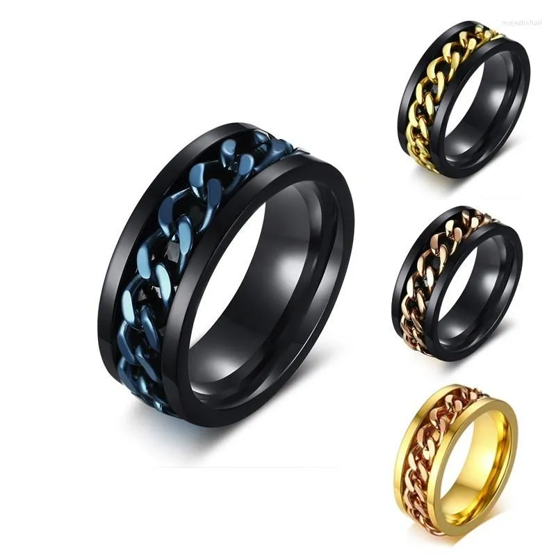 Anneaux de mariage or noir bande et chaîne Anti Stress filature hommes anneau hommes lien cubain acier inoxydable moto bijoux goutte