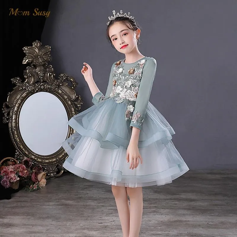 Girl Dresses Girl's Baby Princess Floral Embroidery Layered Dress Long Sleeve Child Vintage Cake Tulle Vestido Wedding Birthday Frocks 3-14Y