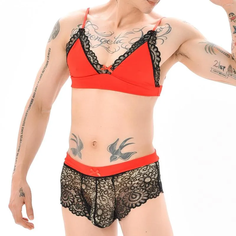 Bras Sets Men Sexy Gay Lingerie Set Sissy Bra Lace Boxers Shorts Nightwear  Crossdress Bow Sheer Underwear Spaghetti Straps Exotic From 11,21 €