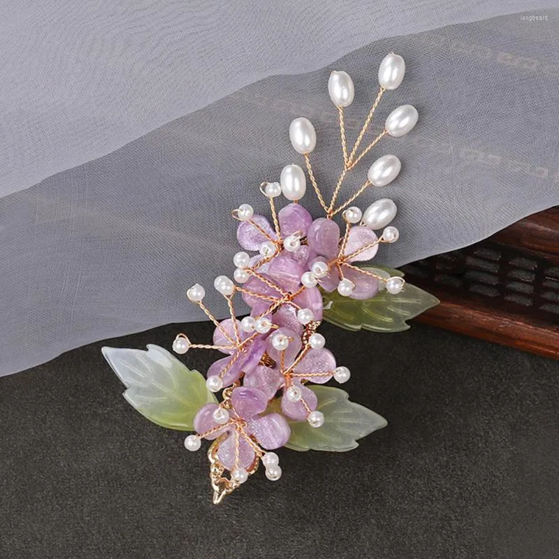 Pinzas para el cabello, joyería de moda para mujer, horquillas de flores moradas laterales, pasadores de perlas, accesorios de fiesta de vestido Hanfu